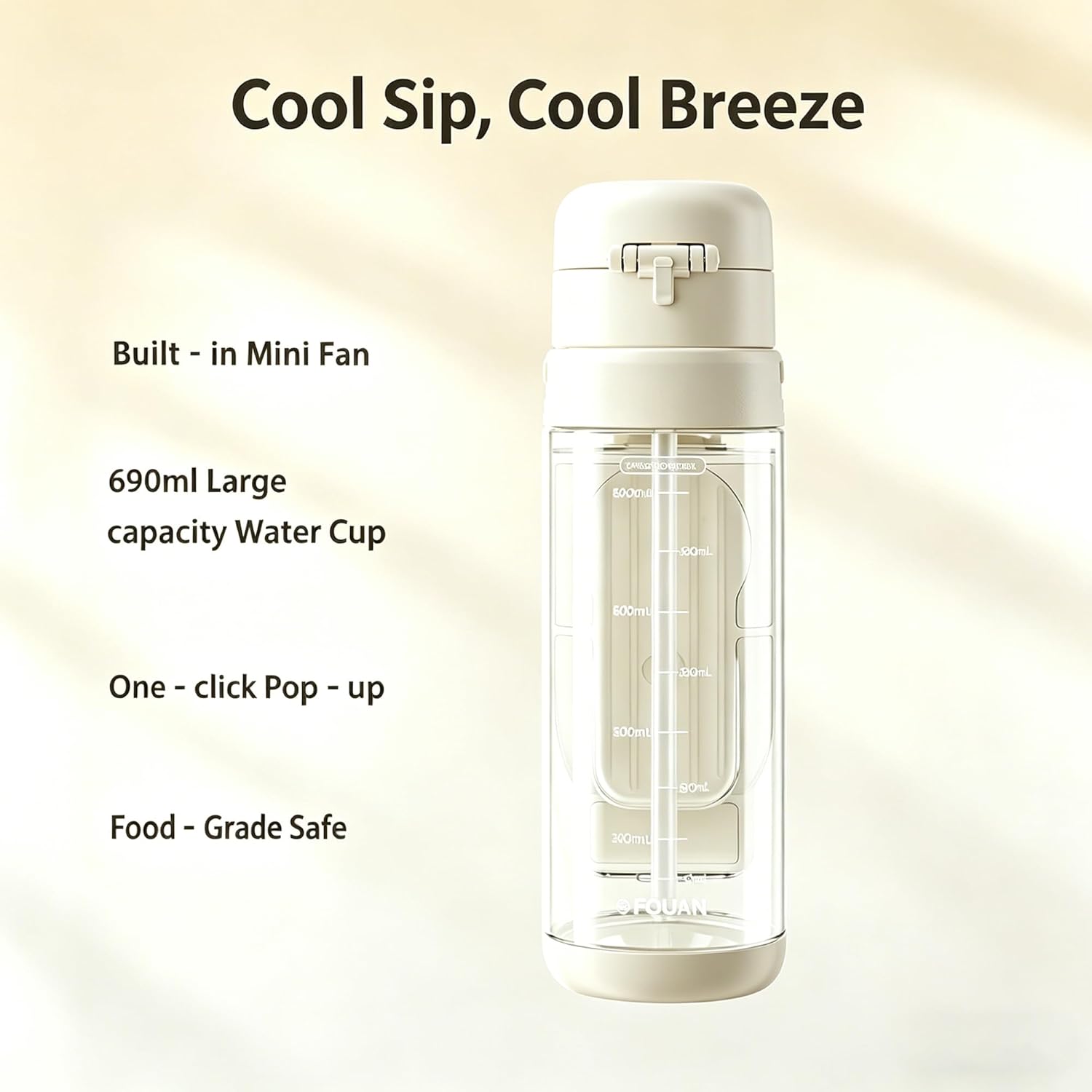 Portable 2-in-1 Water Bottle with Foldable Fan 690ml – USB Rechargeable Cooling Cup with Straw, 3-Speed Handheld Fan Bottle for Travel, Camping, Hiking & Summer Outdoor Activities (White)