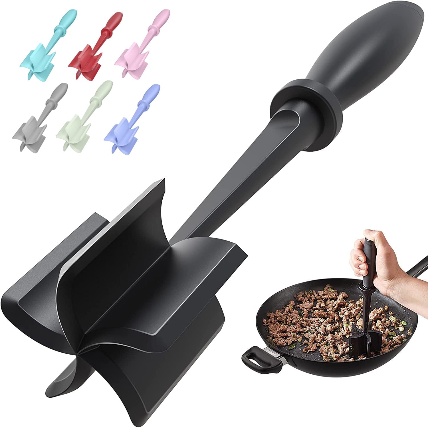 Meat Chopper & Hamburger Grinder – Premium Heat Resistant Ground Beef Smasher, Nylon Potato Mixer & Meat Tenderizer Tool for Kitchen Cooking – Black