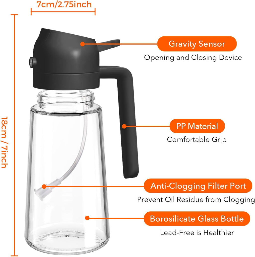 Glass Olive Oil Sprayer 16oz/470ml – 2 in 1 Oil Dispenser Spray Bottle, Food Grade Kitchen Gadget for Cooking, Salad, BBQ, Air Fryer, Portion Control Refillable Oil Mister (Black)