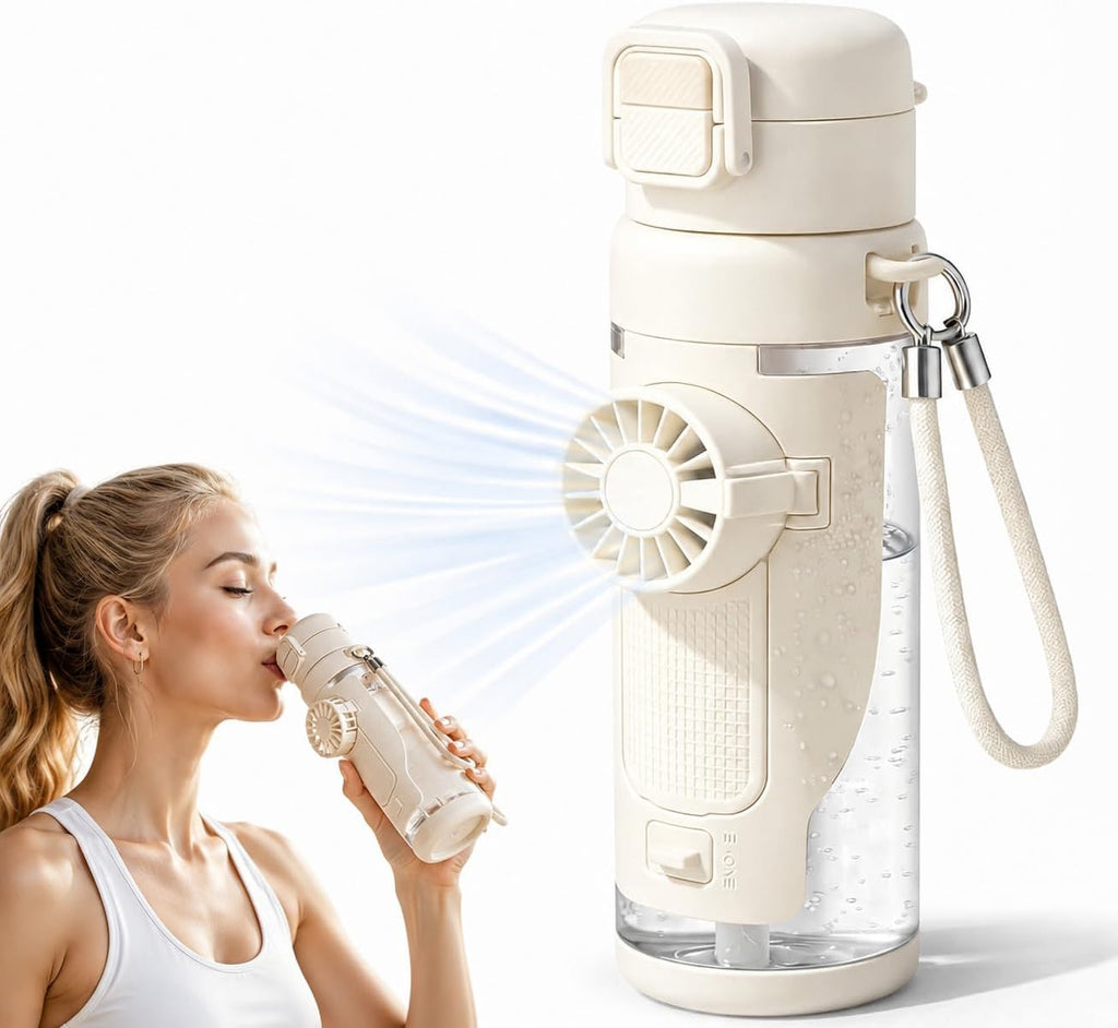 Portable 2-in-1 Water Bottle with Foldable Fan 690ml – USB Rechargeable Cooling Cup with Straw, 3-Speed Handheld Fan Bottle for Travel, Camping, Hiking & Summer Outdoor Activities (White)