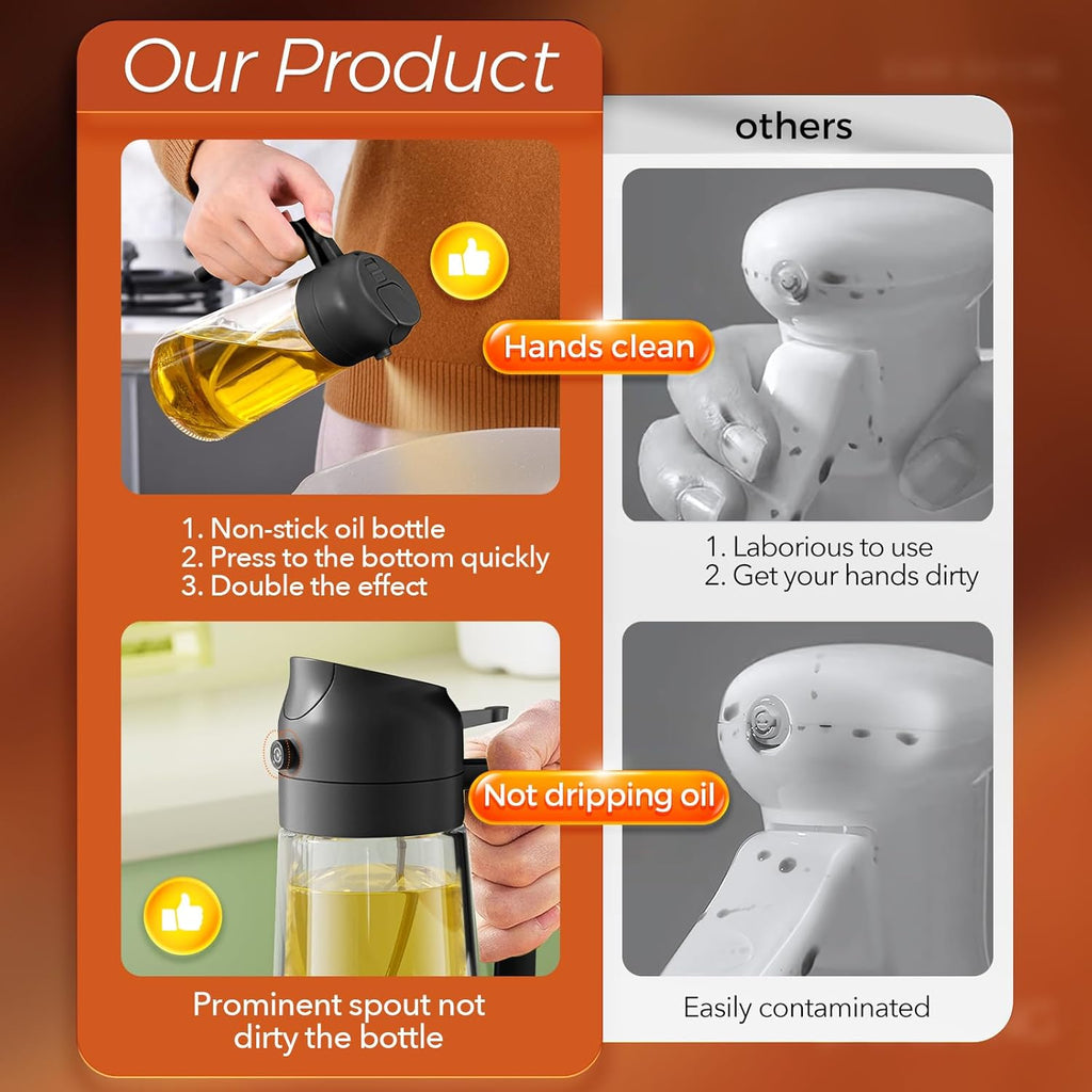 Glass Olive Oil Sprayer 16oz/470ml – 2 in 1 Oil Dispenser Spray Bottle, Food Grade Kitchen Gadget for Cooking, Salad, BBQ, Air Fryer, Portion Control Refillable Oil Mister (Black)