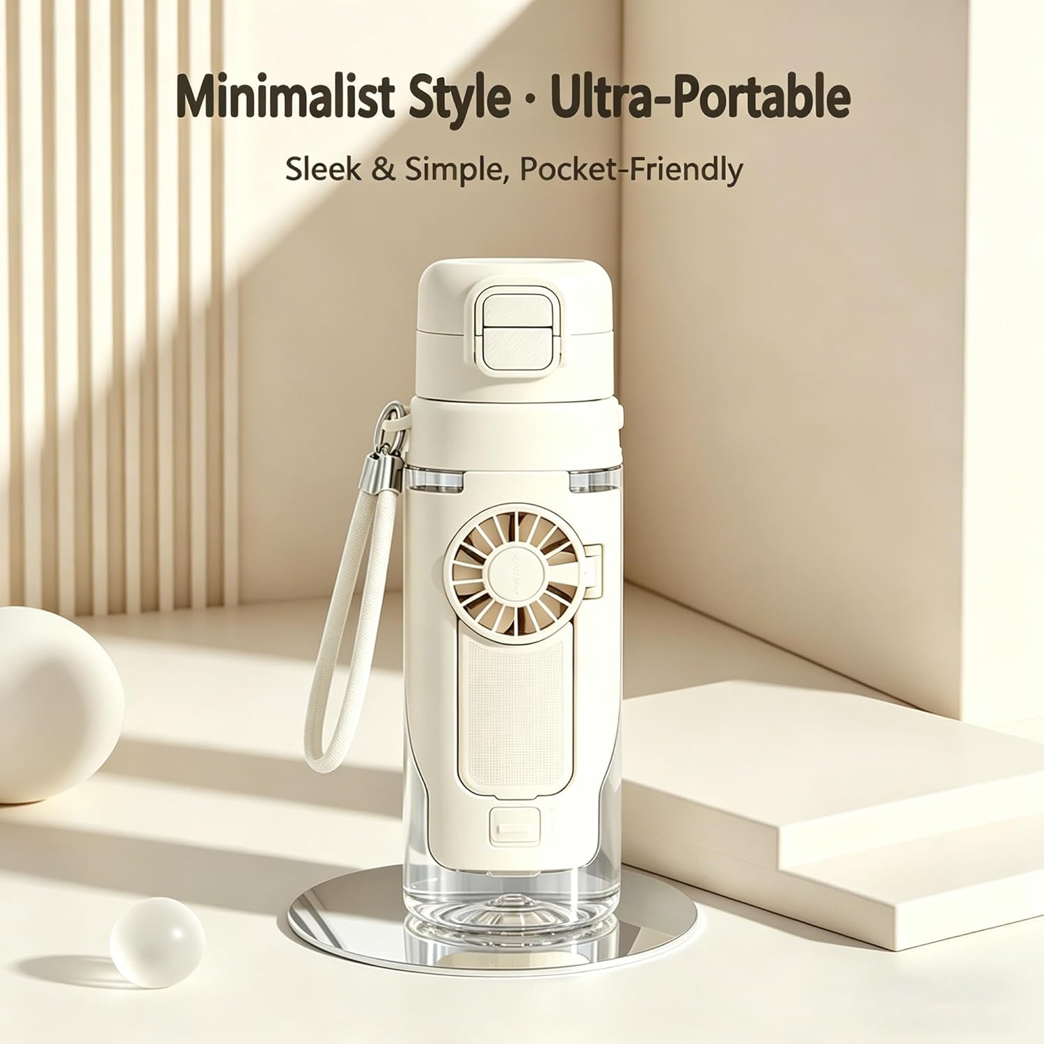Portable 2-in-1 Water Bottle with Foldable Fan 690ml – USB Rechargeable Cooling Cup with Straw, 3-Speed Handheld Fan Bottle for Travel, Camping, Hiking & Summer Outdoor Activities (White)