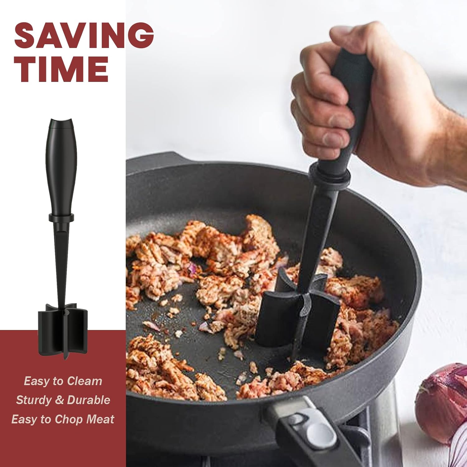 Meat Chopper & Hamburger Grinder – Premium Heat Resistant Ground Beef Smasher, Nylon Potato Mixer & Meat Tenderizer Tool for Kitchen Cooking – Black