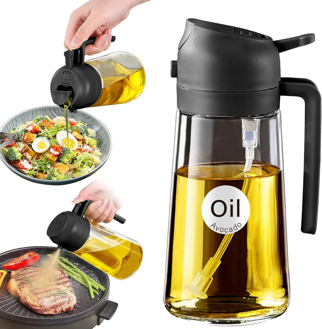 Glass Olive Oil Sprayer 16oz/470ml – 2 in 1 Oil Dispenser Spray Bottle, Food Grade Kitchen Gadget for Cooking, Salad, BBQ, Air Fryer, Portion Control Refillable Oil Mister (Black)