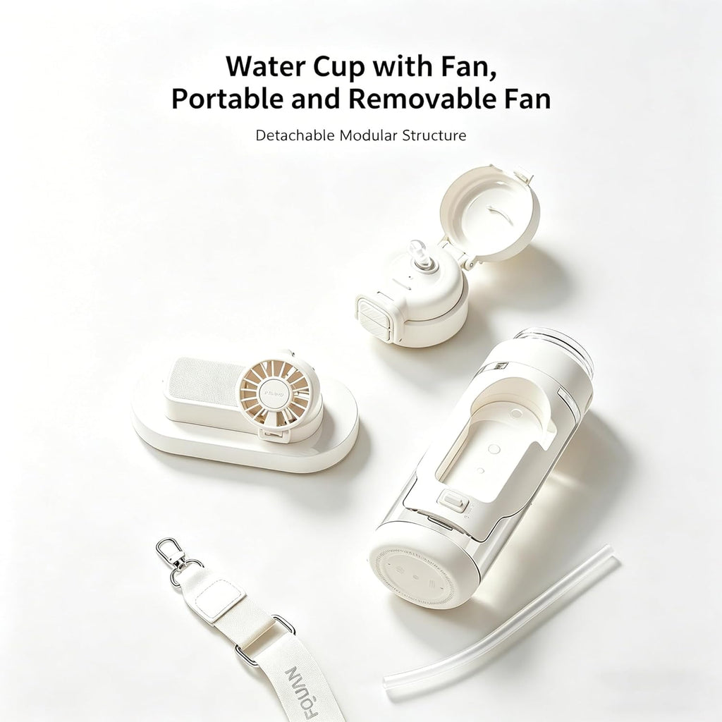 Portable 2-in-1 Water Bottle with Foldable Fan 690ml – USB Rechargeable Cooling Cup with Straw, 3-Speed Handheld Fan Bottle for Travel, Camping, Hiking & Summer Outdoor Activities (White)