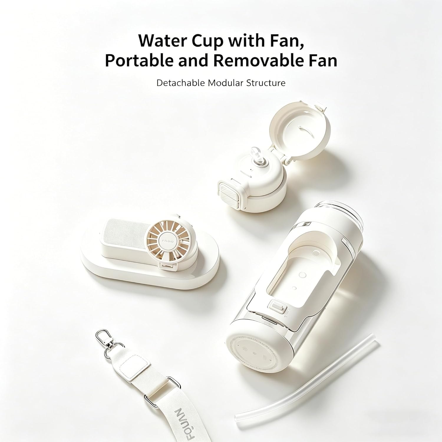 Portable 2-in-1 Water Bottle with Foldable Fan 690ml – USB Rechargeable Cooling Cup with Straw, 3-Speed Handheld Fan Bottle for Travel, Camping, Hiking & Summer Outdoor Activities (White)
