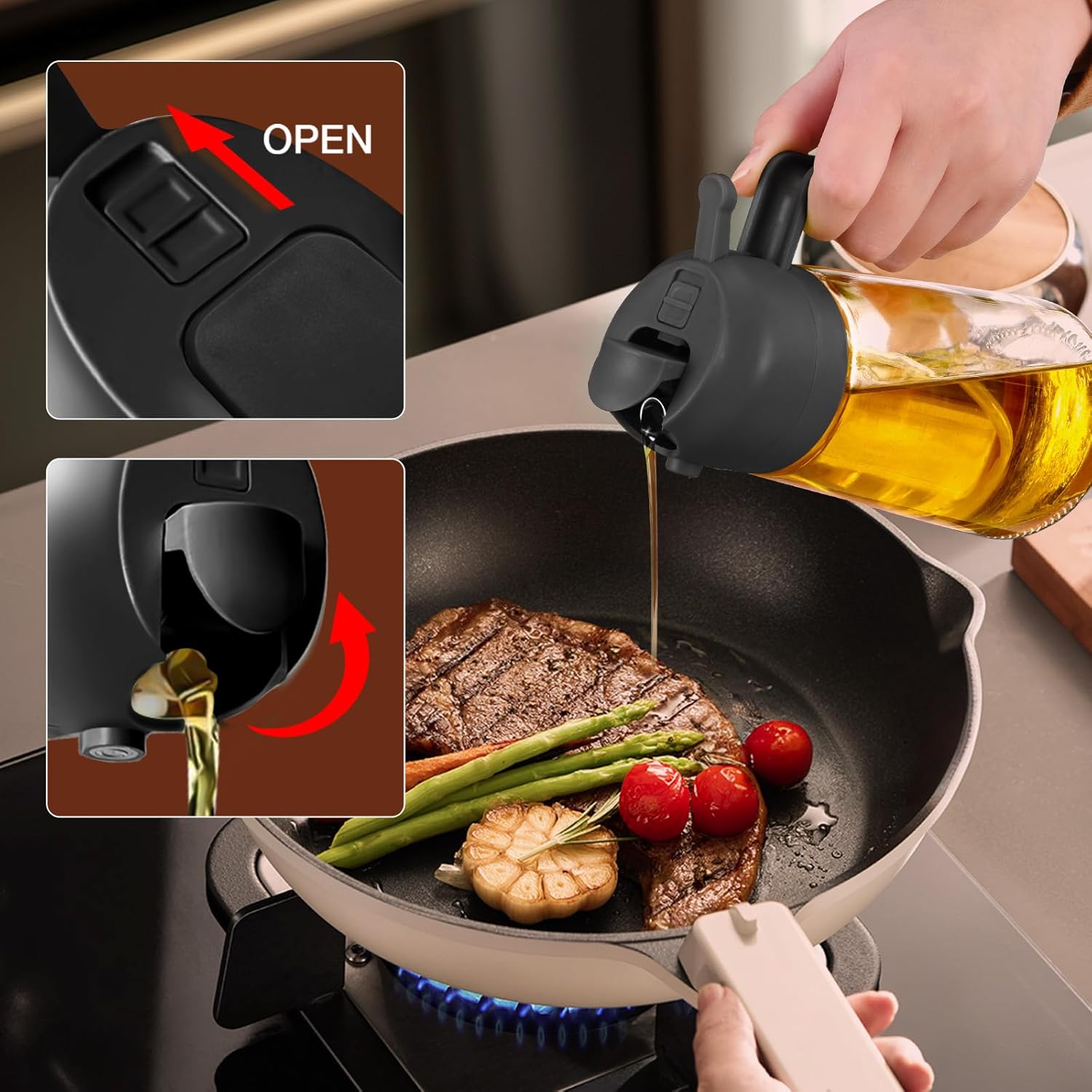 Glass Olive Oil Sprayer 16oz/470ml – 2 in 1 Oil Dispenser Spray Bottle, Food Grade Kitchen Gadget for Cooking, Salad, BBQ, Air Fryer, Portion Control Refillable Oil Mister (Black)