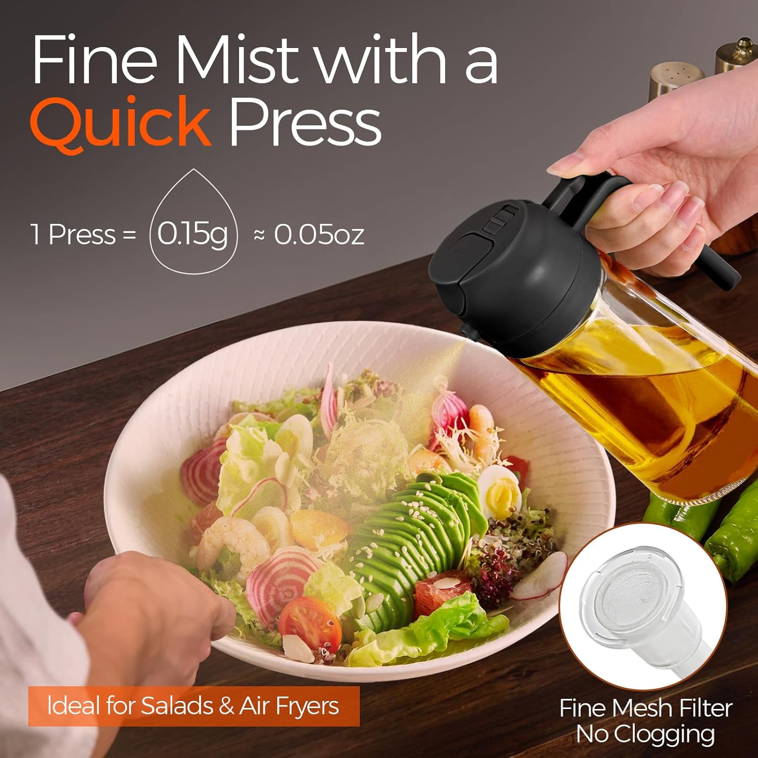 Glass Olive Oil Sprayer 16oz/470ml – 2 in 1 Oil Dispenser Spray Bottle, Food Grade Kitchen Gadget for Cooking, Salad, BBQ, Air Fryer, Portion Control Refillable Oil Mister (Black)