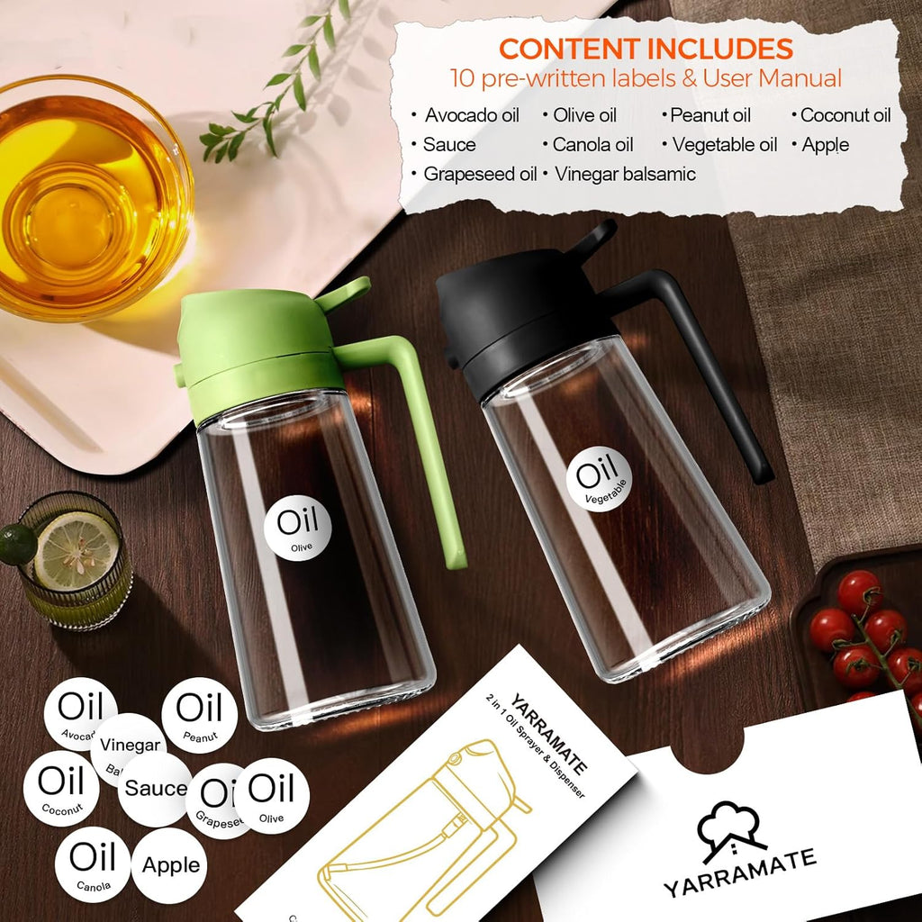 Glass Olive Oil Sprayer 16oz/470ml – 2 in 1 Oil Dispenser Spray Bottle, Food Grade Kitchen Gadget for Cooking, Salad, BBQ, Air Fryer, Portion Control Refillable Oil Mister (Black)