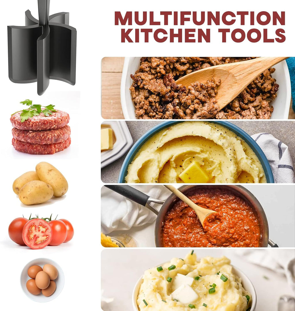 Meat Chopper & Hamburger Grinder – Premium Heat Resistant Ground Beef Smasher, Nylon Potato Mixer & Meat Tenderizer Tool for Kitchen Cooking – Black