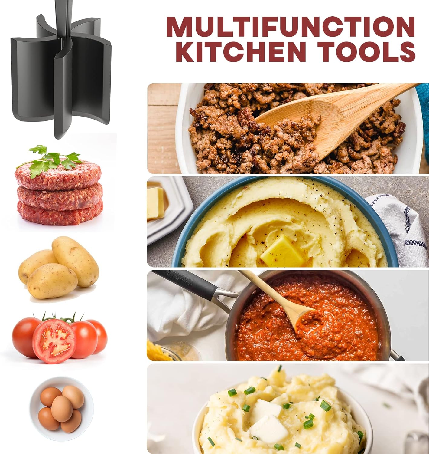 Meat Chopper & Hamburger Grinder – Premium Heat Resistant Ground Beef Smasher, Nylon Potato Mixer & Meat Tenderizer Tool for Kitchen Cooking – Black