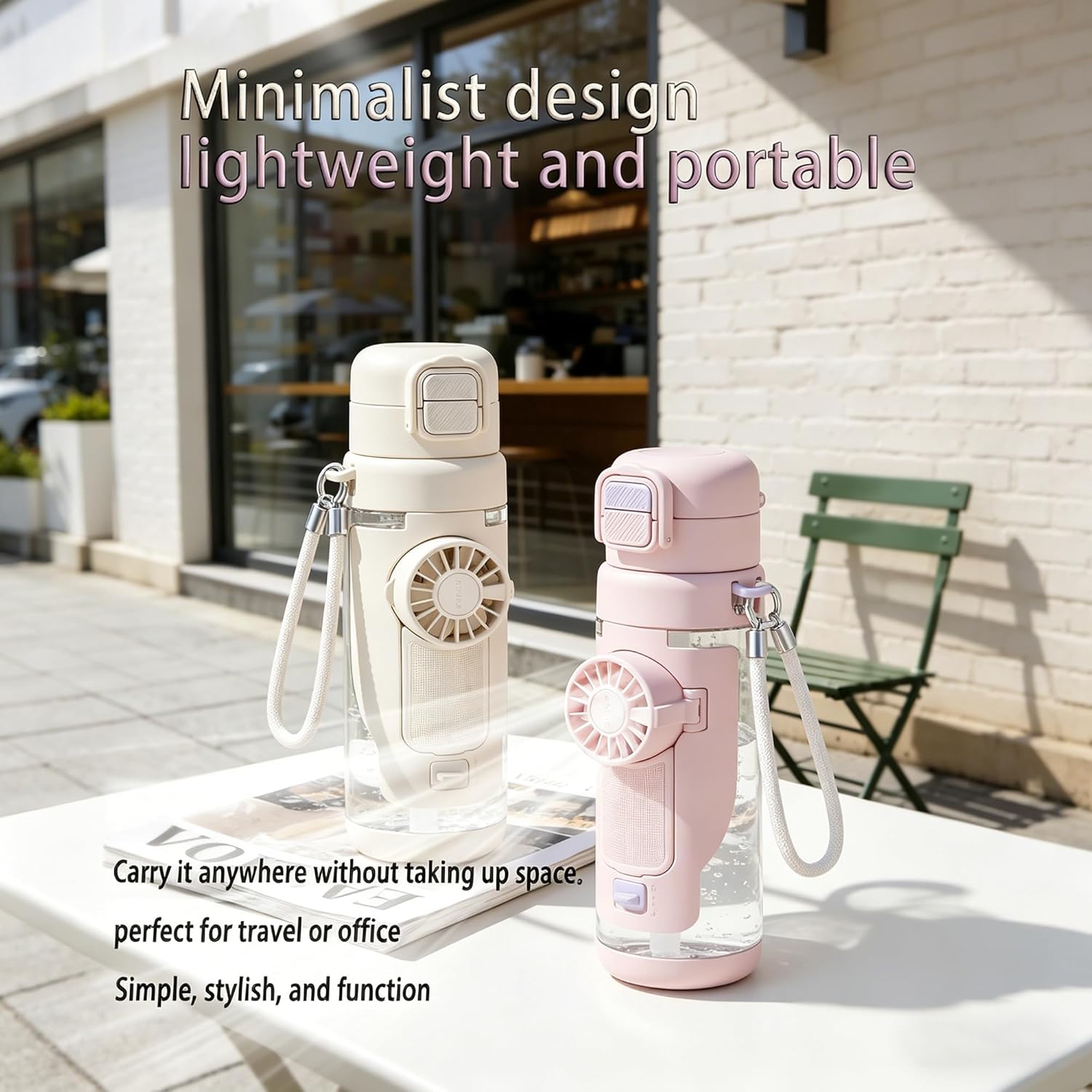 Portable 2-in-1 Water Bottle with Foldable Fan 690ml – USB Rechargeable Cooling Cup with Straw, 3-Speed Handheld Fan Bottle for Travel, Camping, Hiking & Summer Outdoor Activities (White)