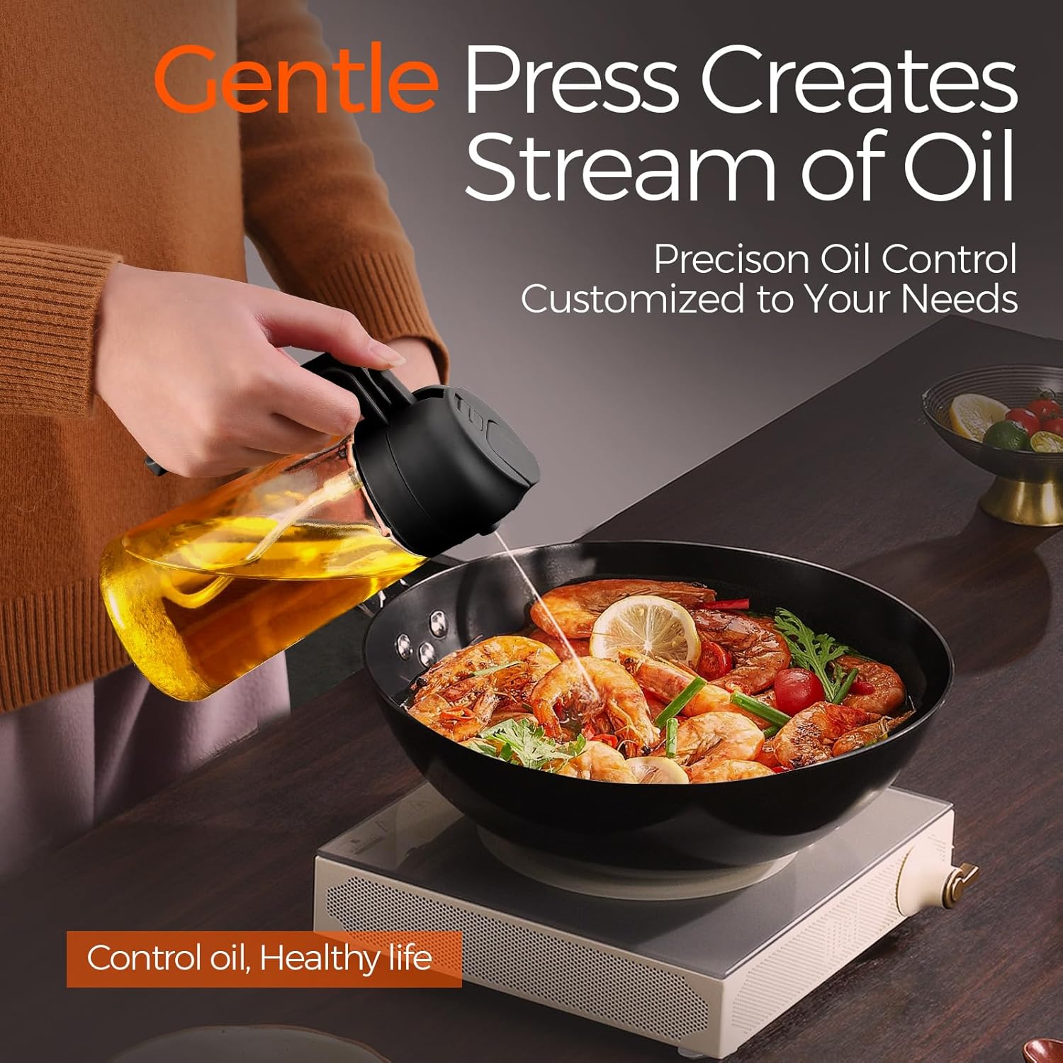 Glass Olive Oil Sprayer 16oz/470ml – 2 in 1 Oil Dispenser Spray Bottle, Food Grade Kitchen Gadget for Cooking, Salad, BBQ, Air Fryer, Portion Control Refillable Oil Mister (Black)